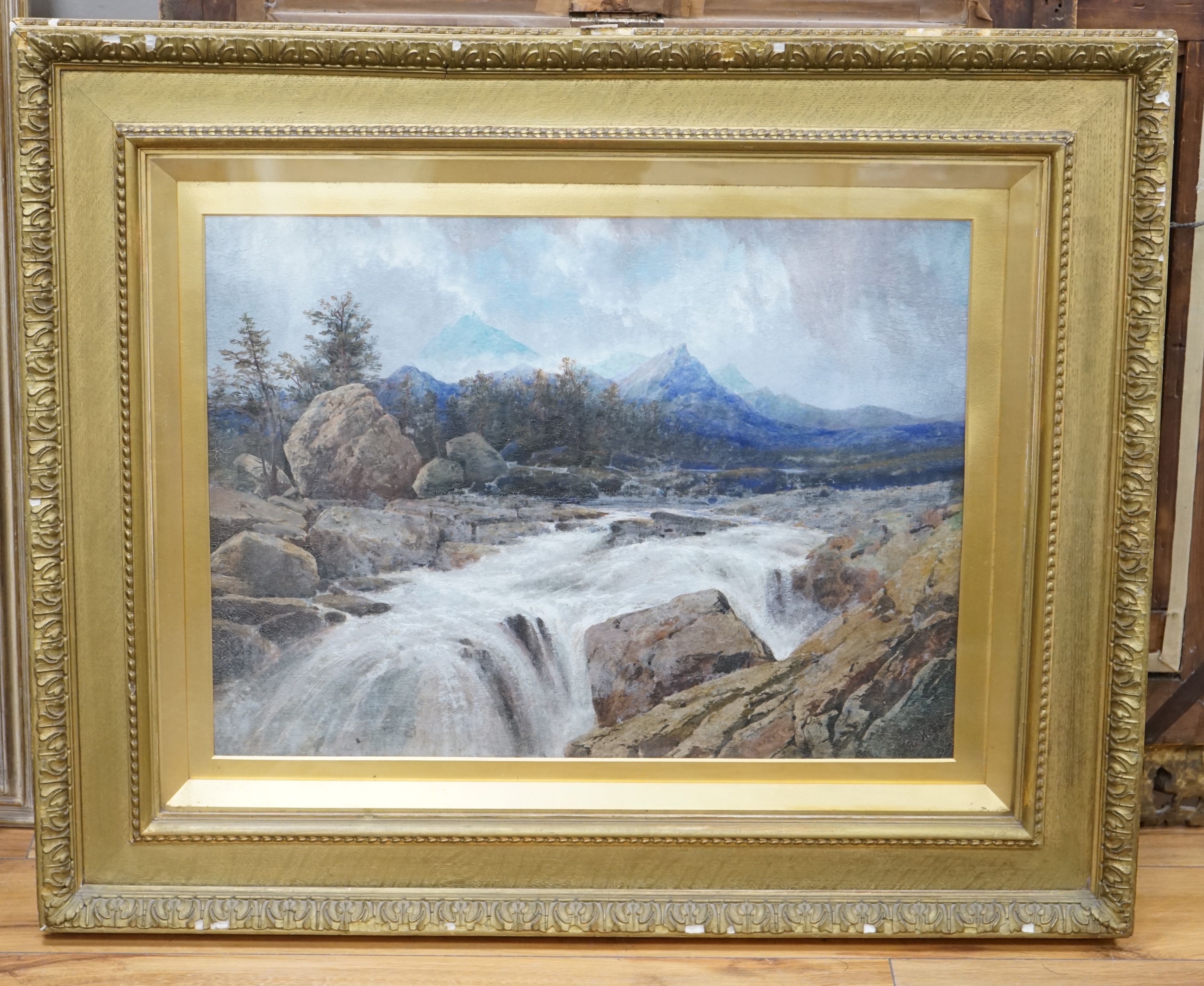 Edgar E. West (1857-1892), oil on canvas, Torrent in a mountain landscape, signed, 48 x 65cm